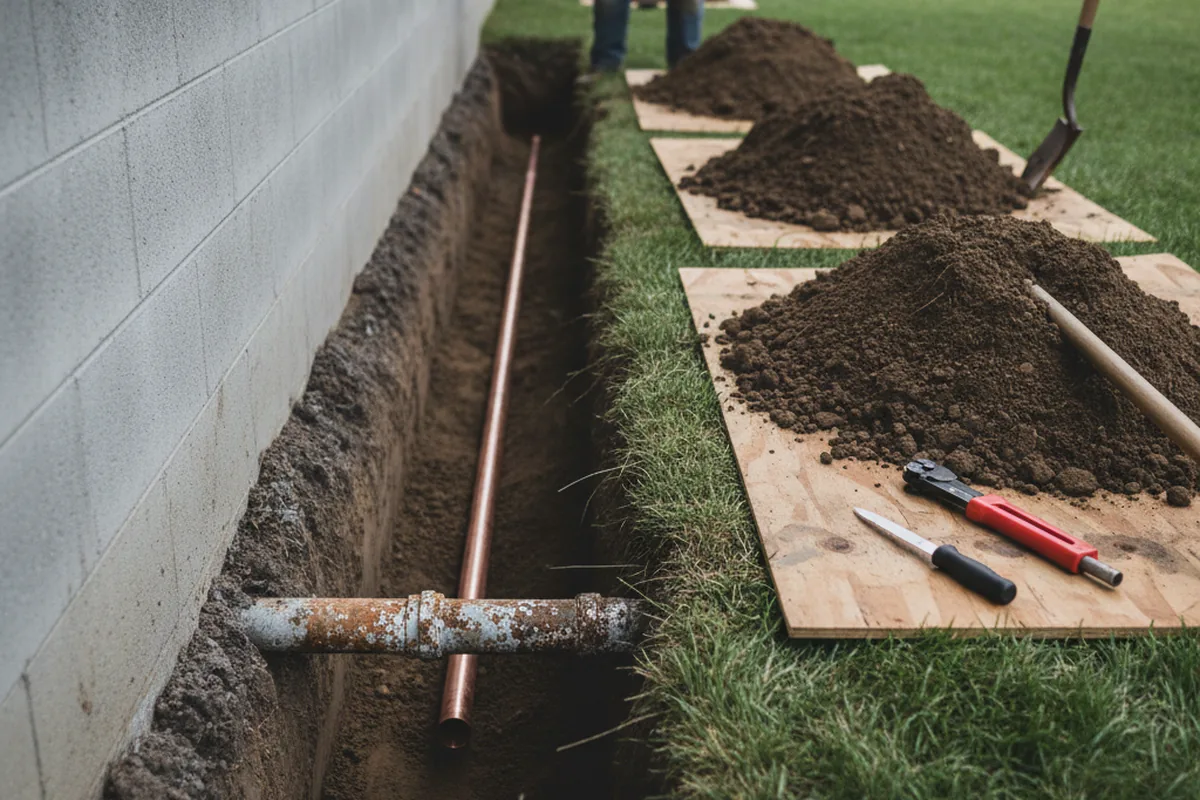 Excavated water line trench during Water Softener Installation in Hughes Springs